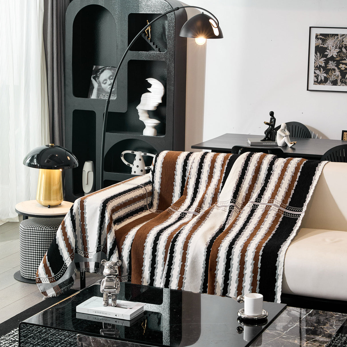 Striped Chenille Sofa Throw Covers, Boho Style Cozy Couch Protector Blanket