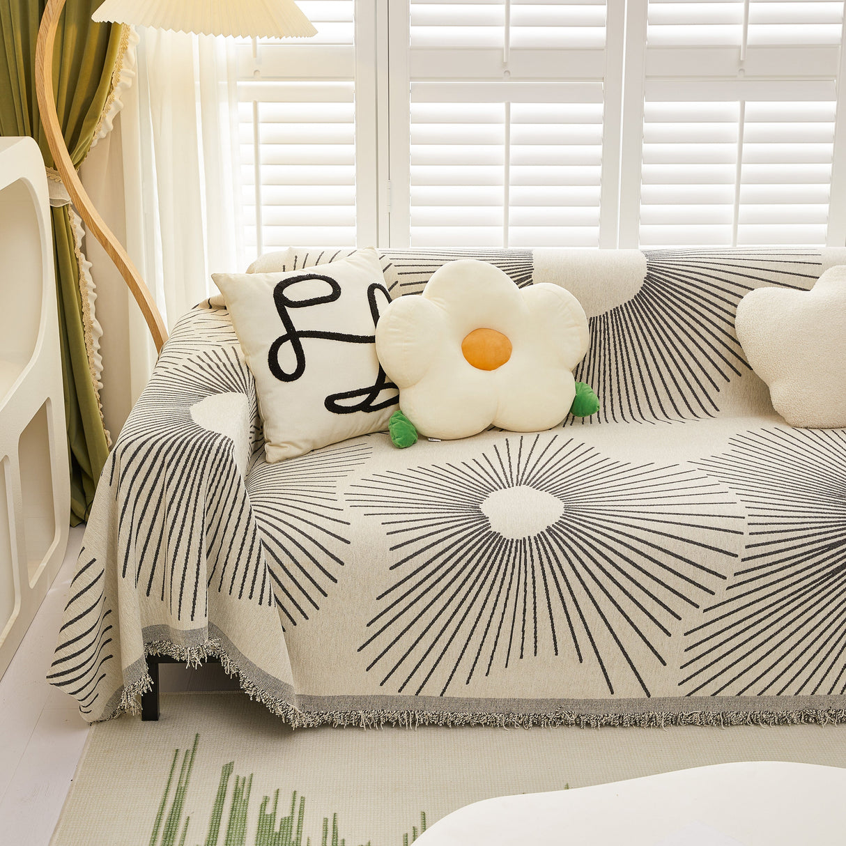 Geometric Radial Striped L-Shape Sofa Cover: Thick, Reversible Furniture Blanket for Kids and Pets