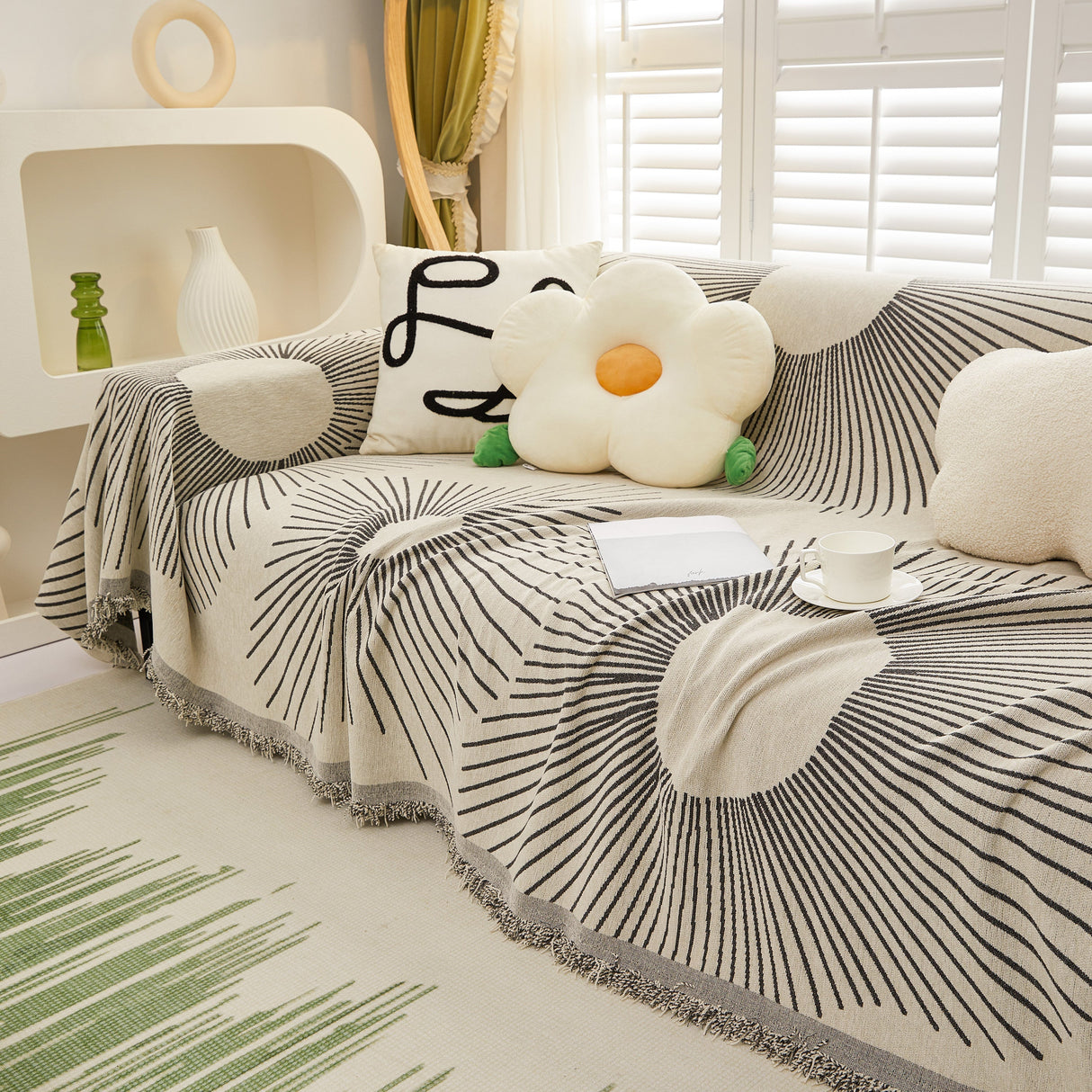 Geometric Radial Striped L-Shape Sofa Cover: Thick, Reversible Furniture Blanket for Kids and Pets