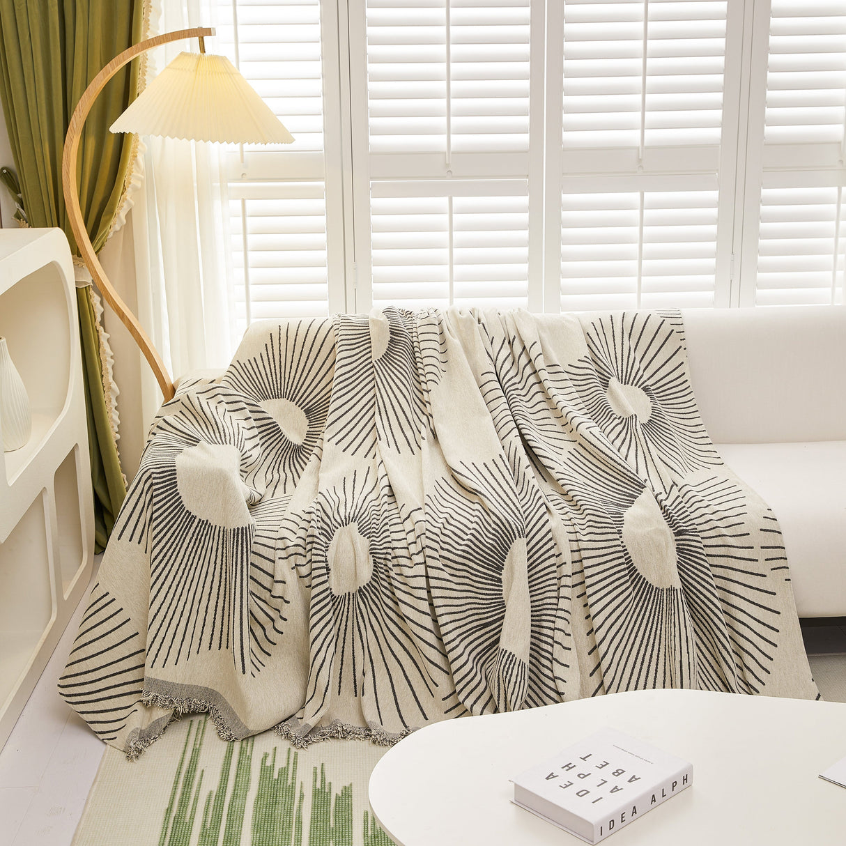 Geometric Radial Striped L-Shape Sofa Cover: Thick, Reversible Furniture Blanket for Kids and Pets