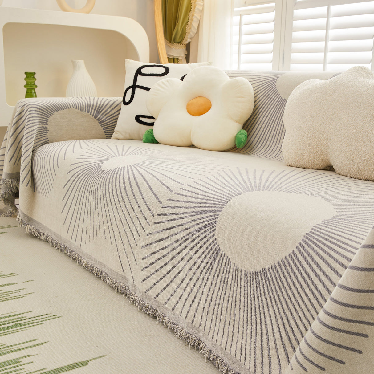 Geometric Radial Striped L-Shape Sofa Cover: Thick, Reversible Furniture Blanket for Kids and Pets