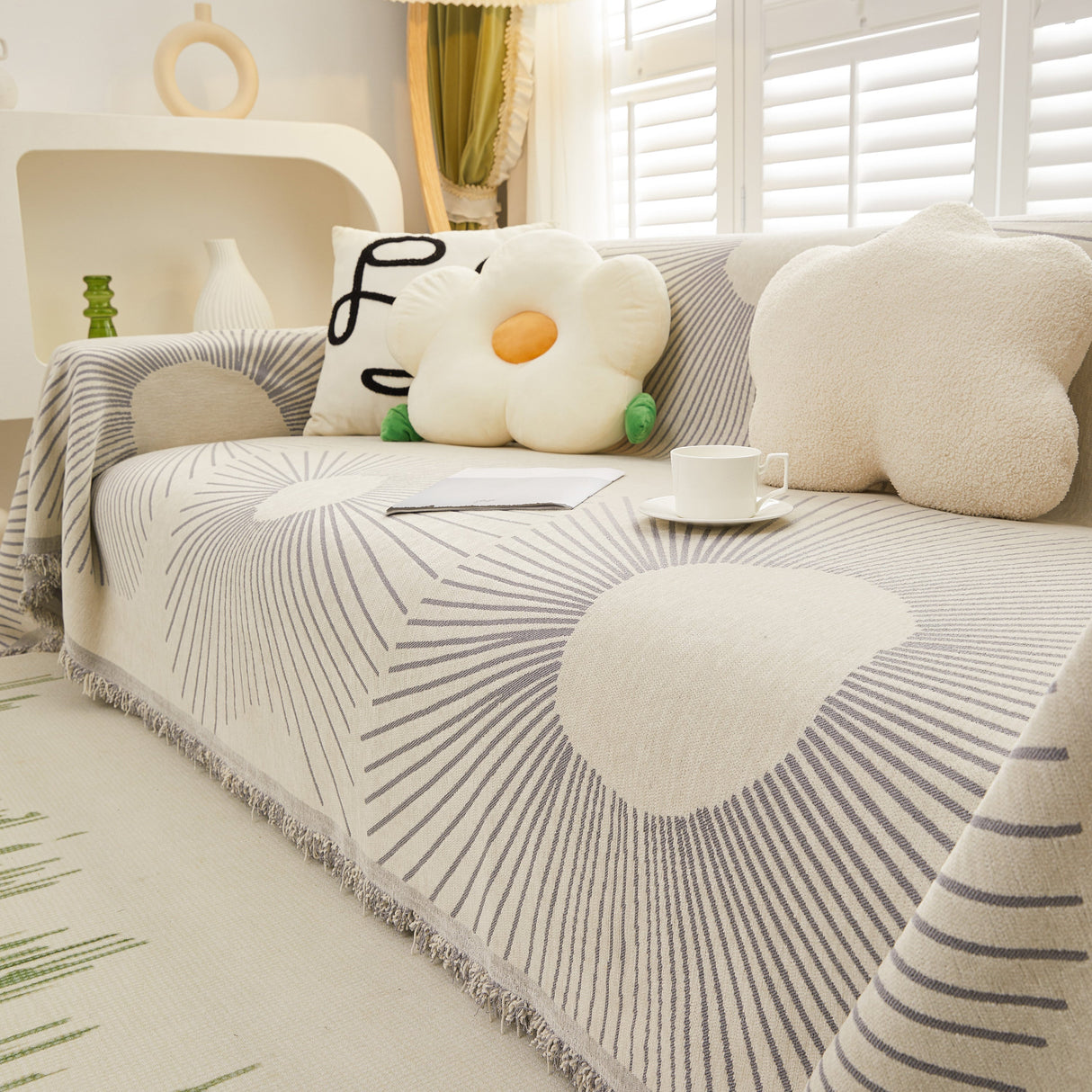 Geometric Radial Striped L-Shape Sofa Cover: Thick, Reversible Furniture Blanket for Kids and Pets