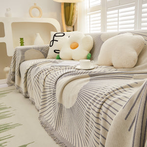Geometric Radial Striped L-Shape Sofa Cover: Thick, Reversible Furniture Blanket for Kids and Pets
