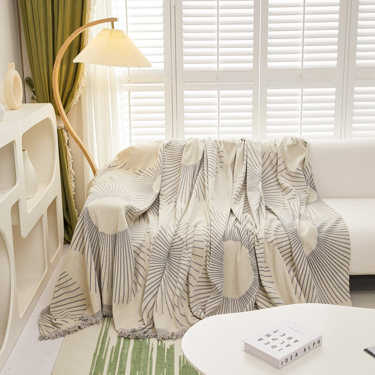 Geometric Radial Striped L-Shape Sofa Cover: Thick, Reversible Furniture Blanket for Kids and Pets