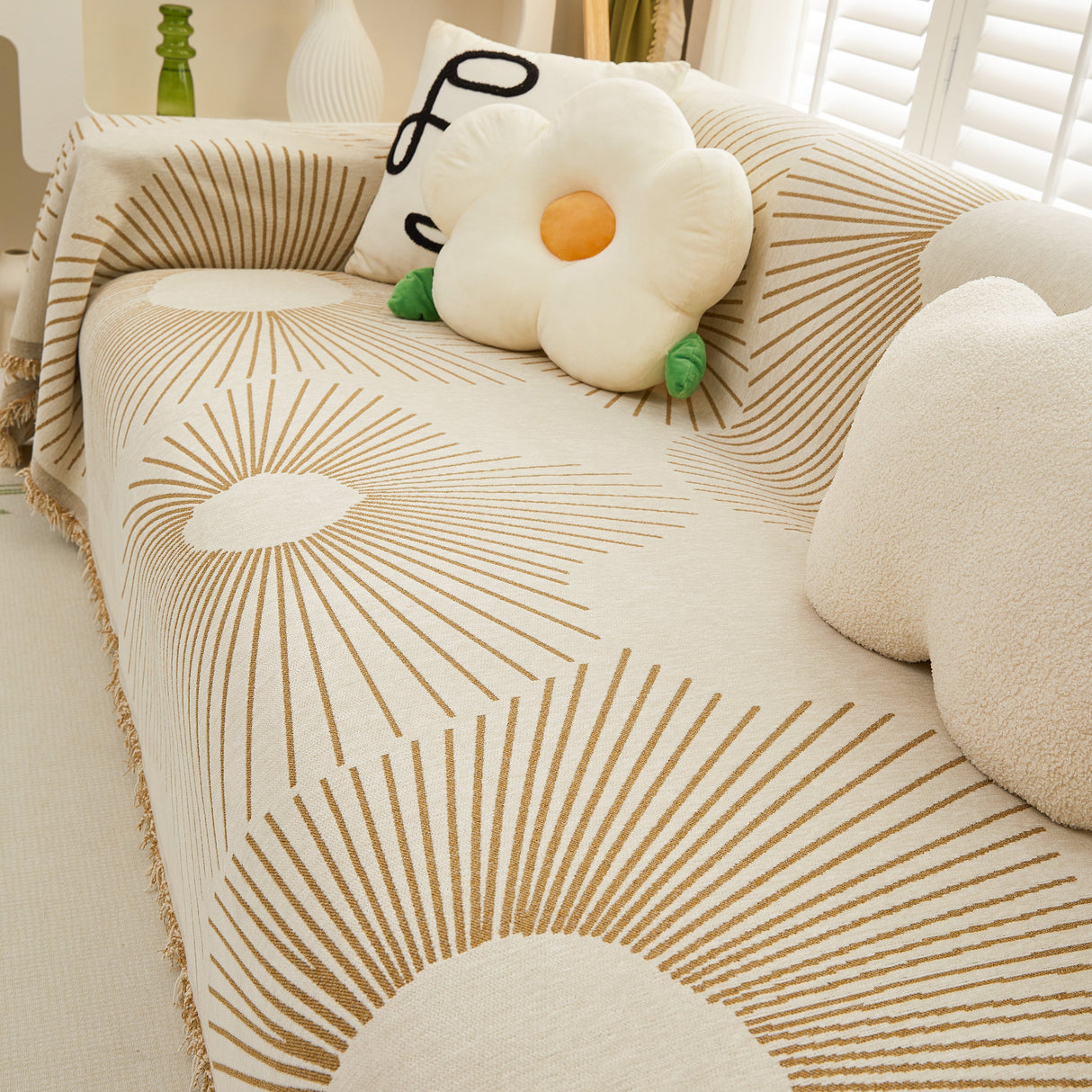 Geometric Radial Striped L-Shape Sofa Cover: Thick, Reversible Furniture Blanket for Kids and Pets