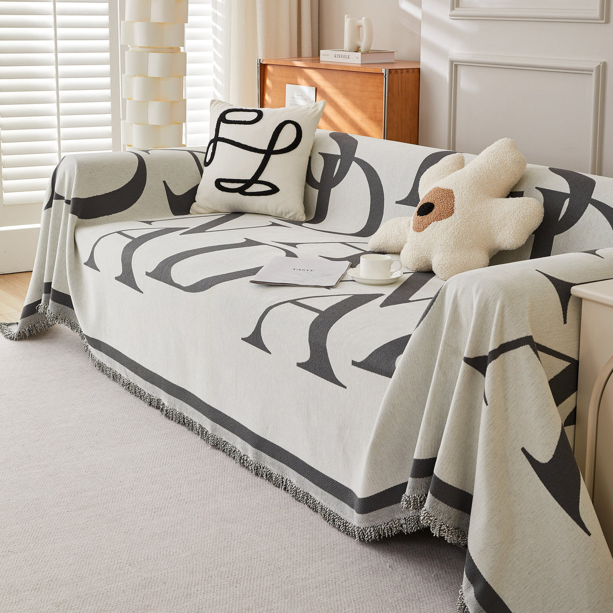 Chenille Jacquard Alphabet Sofa Blanket Cover, L Shape Sofa Cover, Reversible Couch Covers for Dogs