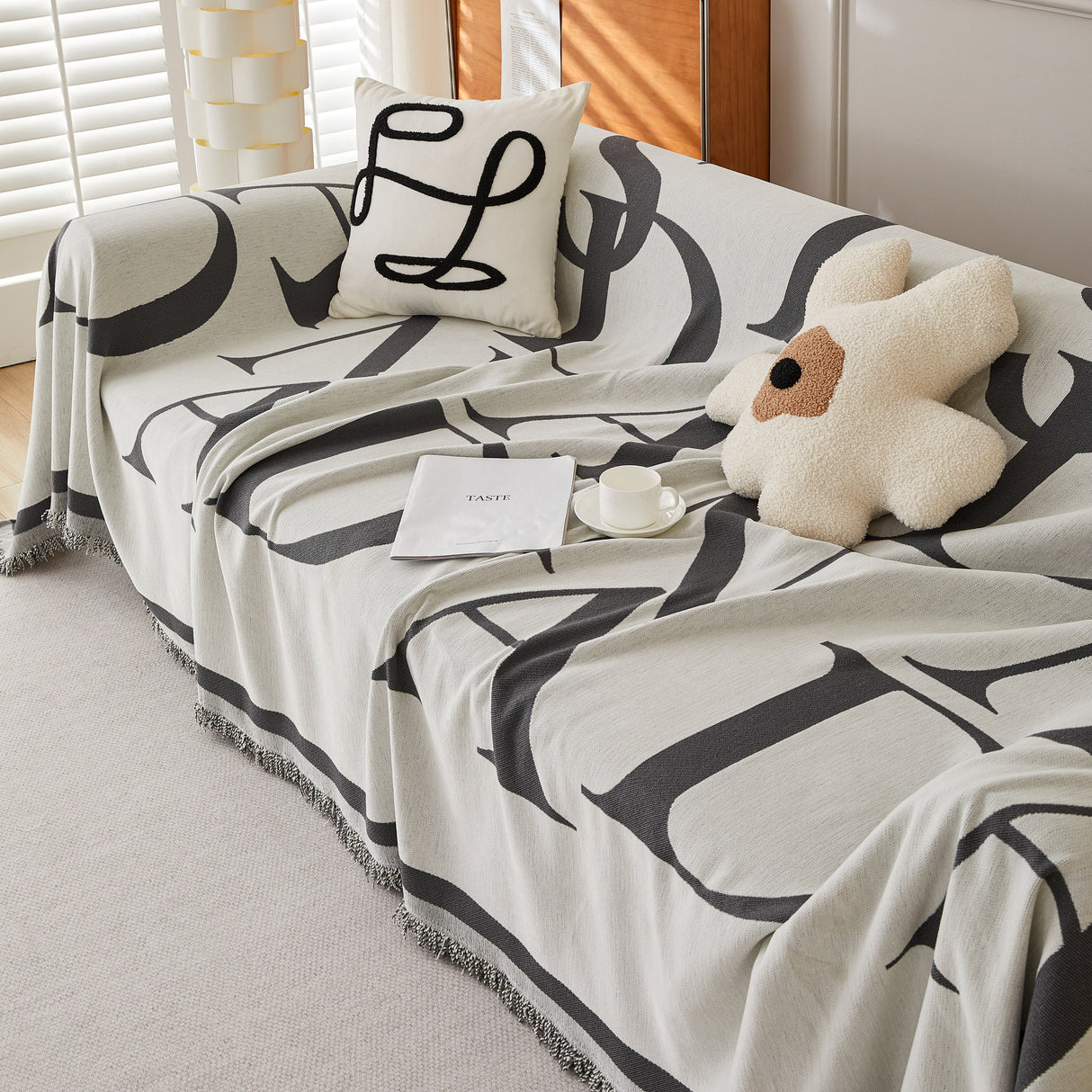 Chenille Jacquard Alphabet Sofa Blanket Cover, L Shape Sofa Cover, Reversible Couch Covers for Dogs