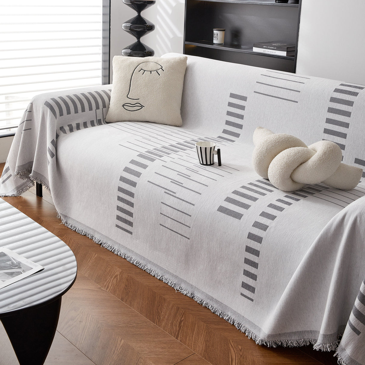 Reversible Chenille Couch Cover Blanket with Tassel Large Boho Futon Cover L Shaped Sectional Cover