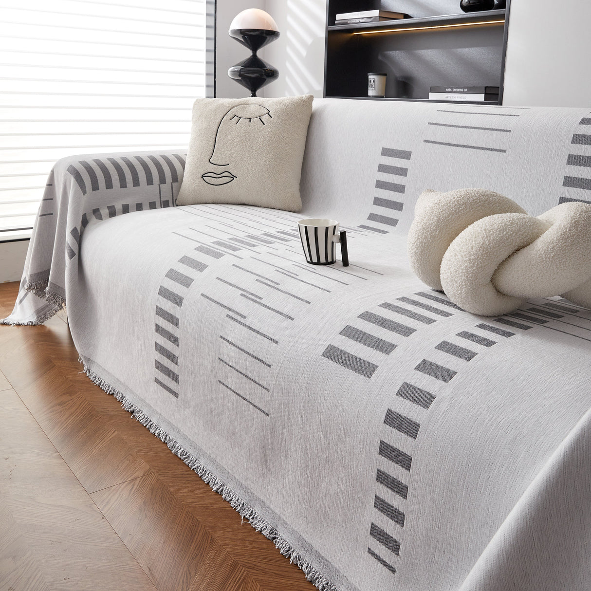 Reversible Chenille Couch Cover Blanket with Tassel Large Boho Futon Cover L Shaped Sectional Cover