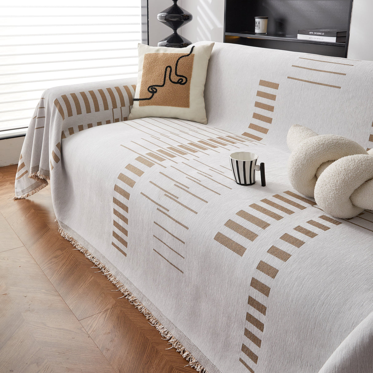 Reversible Chenille Couch Cover Blanket with Tassel Large Boho Futon Cover L Shaped Sectional Cover