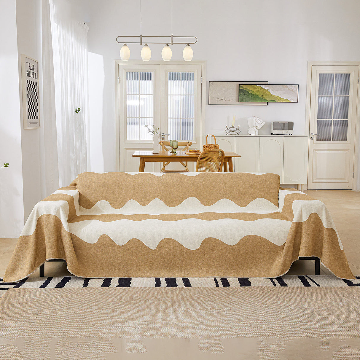 Chenille Minimalist Wavy Sofa Throw Cover, Cozy Blankets for Couch, Machine Washable Couch Protector