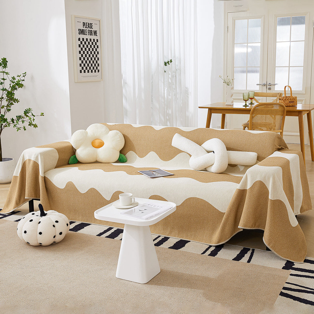 Chenille Minimalist Wavy Sofa Throw Cover, Cozy Blankets for Couch, Machine Washable Couch Protector