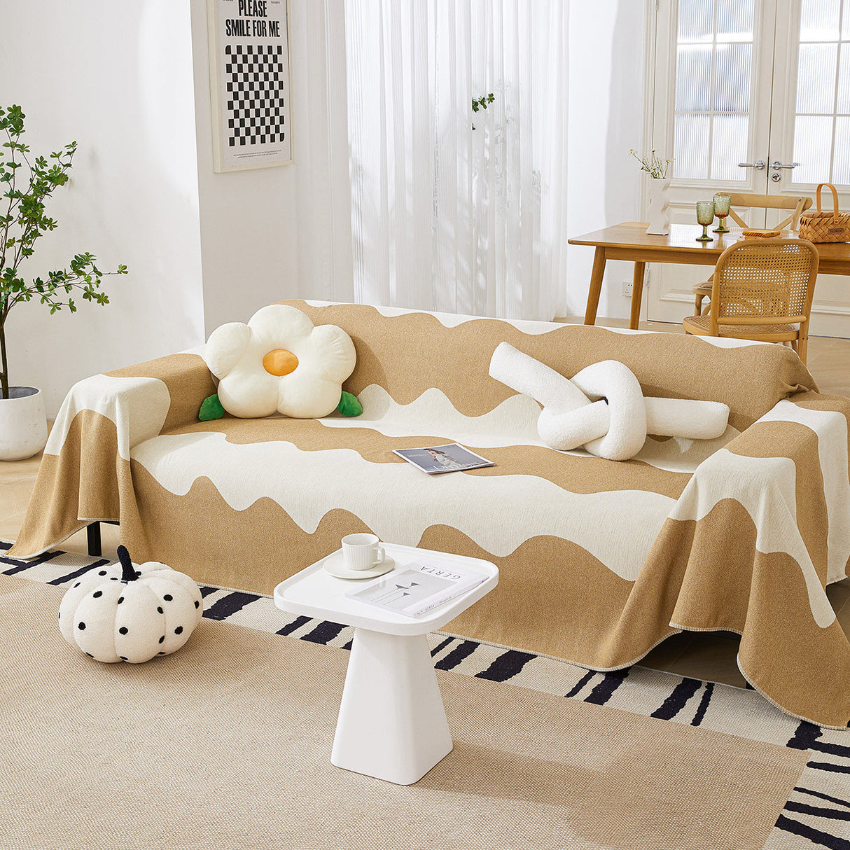 Chenille Minimalist Wavy Sofa Throw Cover, Cozy Blankets for Couch, Machine Washable Couch Protector