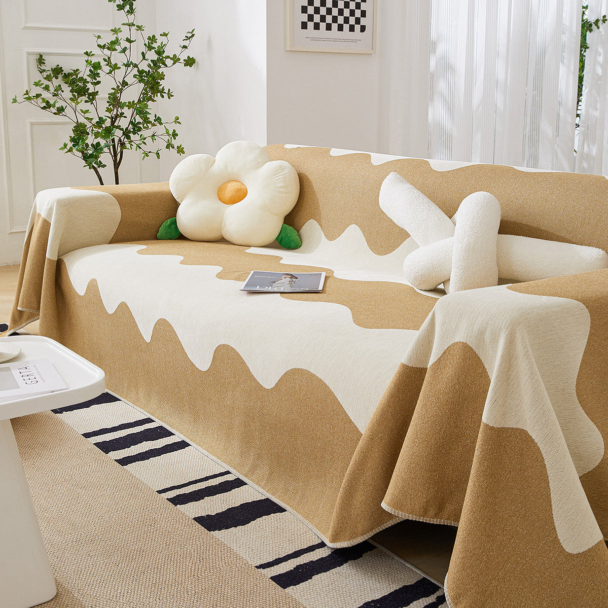 Chenille Minimalist Wavy Sofa Throw Cover, Cozy Blankets for Couch, Machine Washable Couch Protector