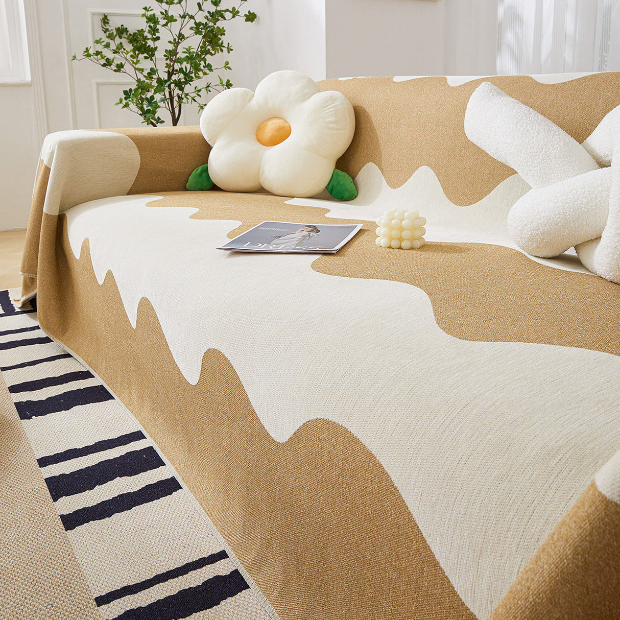 Chenille Minimalist Wavy Sofa Throw Cover, Cozy Blankets for Couch, Machine Washable Couch Protector