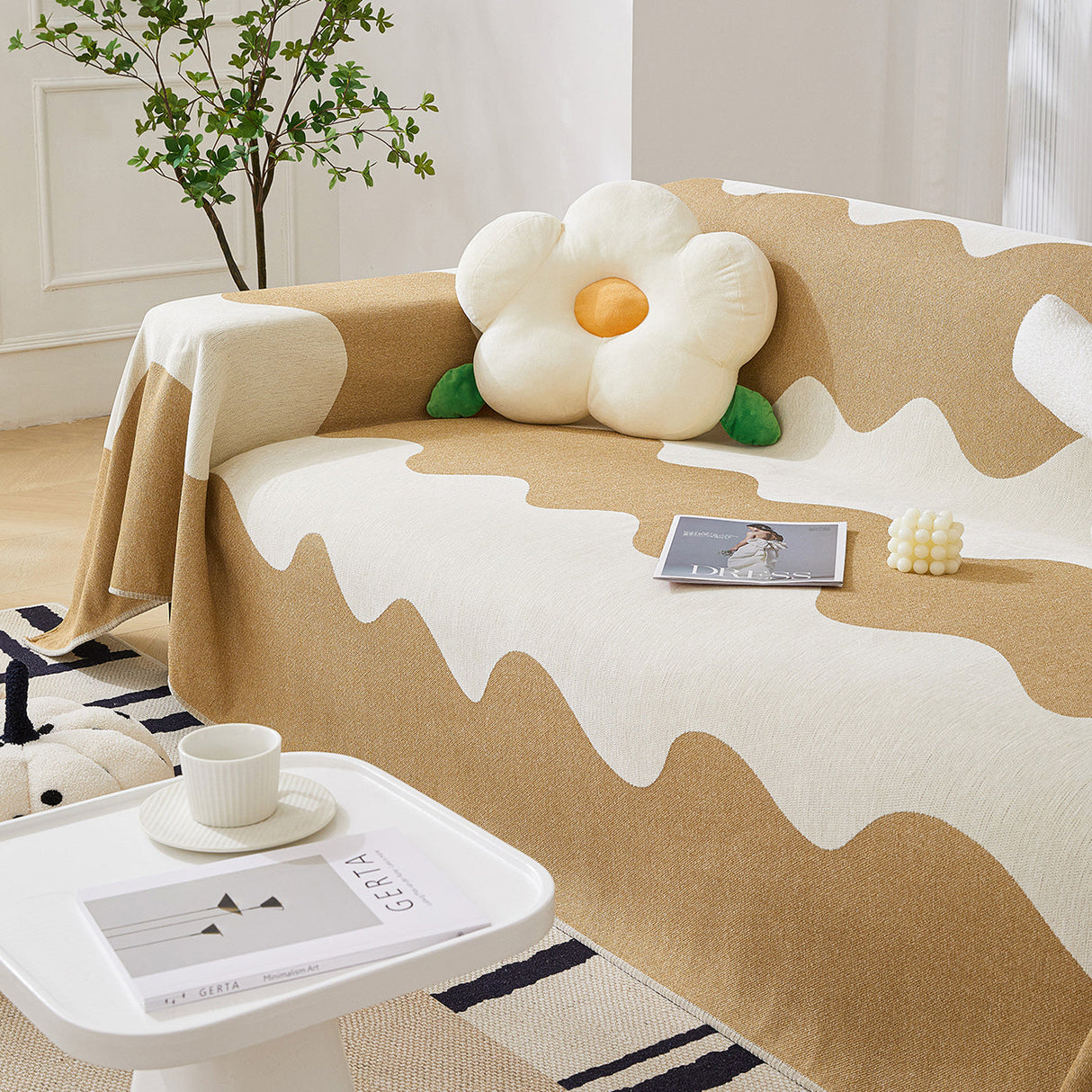 Chenille Minimalist Wavy Sofa Throw Cover, Cozy Blankets for Couch, Machine Washable Couch Protector