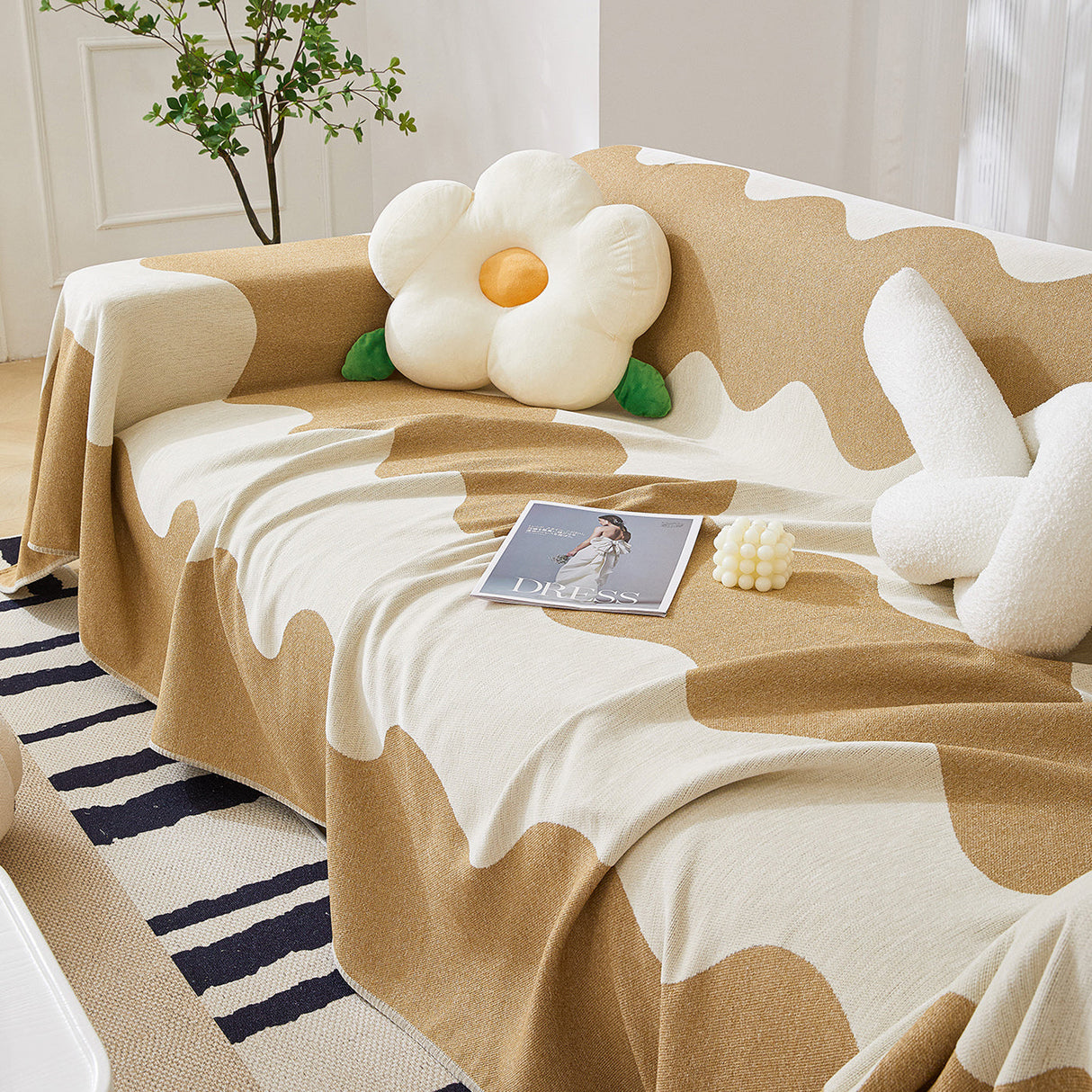 Chenille Minimalist Wavy Sofa Throw Cover, Cozy Blankets for Couch, Machine Washable Couch Protector