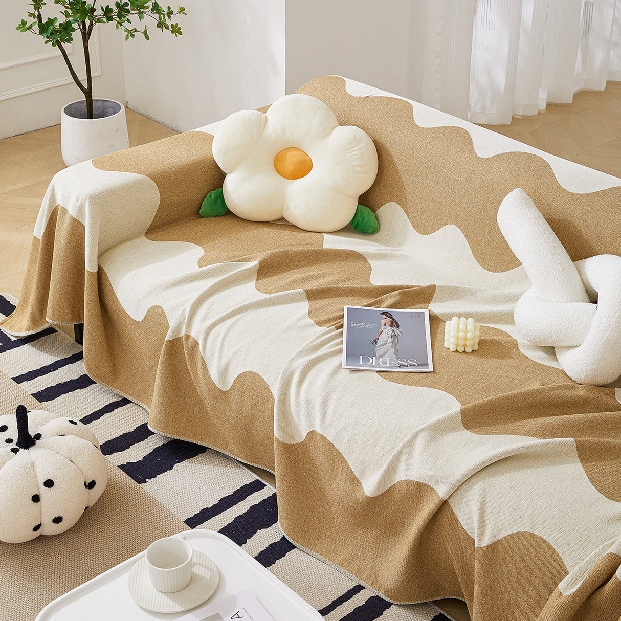 Chenille Minimalist Wavy Sofa Throw Cover, Cozy Blankets for Couch, Machine Washable Couch Protector