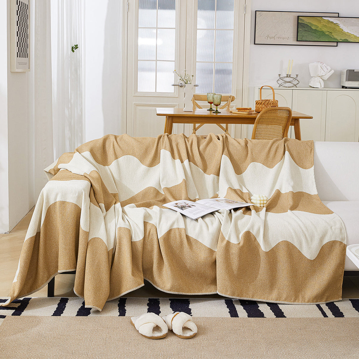 Chenille Minimalist Wavy Sofa Throw Cover, Cozy Blankets for Couch, Machine Washable Couch Protector