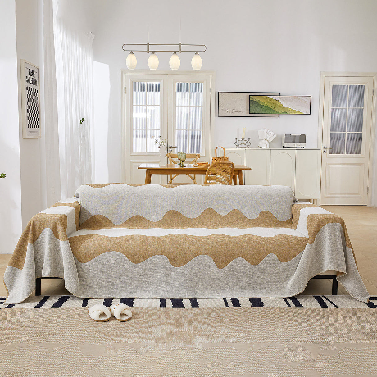 Chenille Minimalist Wavy Sofa Throw Cover, Cozy Blankets for Couch, Machine Washable Couch Protector