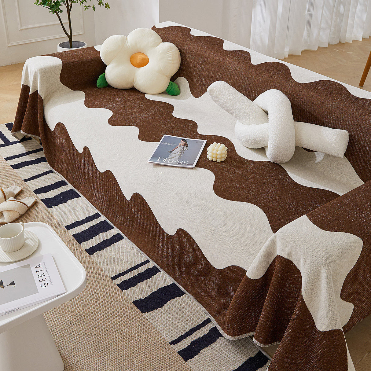 Chenille Minimalist Wavy Sofa Throw Cover, Cozy Blankets for Couch, Machine Washable Couch Protector