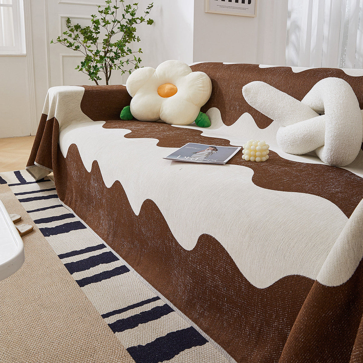 Chenille Minimalist Wavy Sofa Throw Cover, Cozy Blankets for Couch, Machine Washable Couch Protector