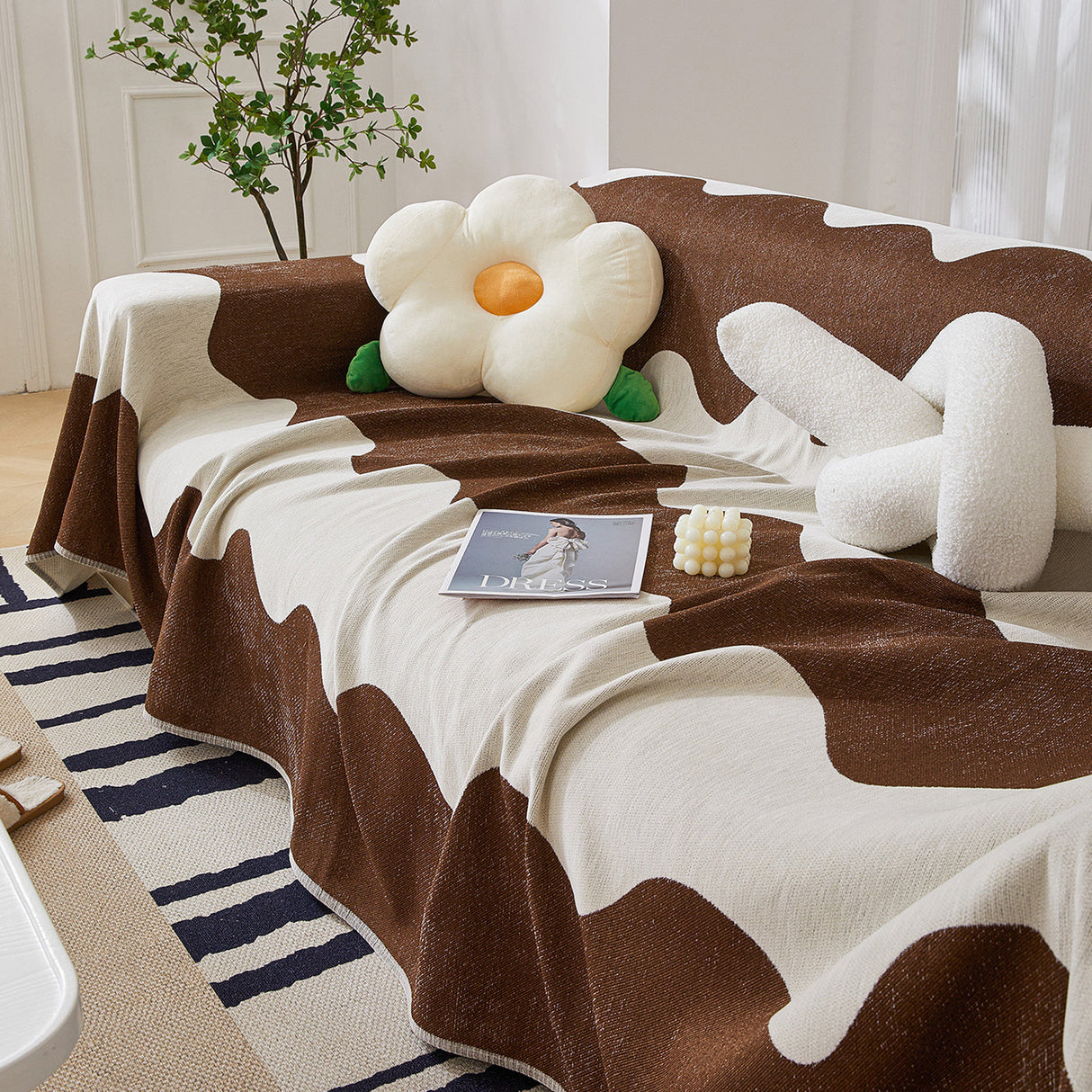 Chenille Minimalist Wavy Sofa Throw Cover, Cozy Blankets for Couch, Machine Washable Couch Protector