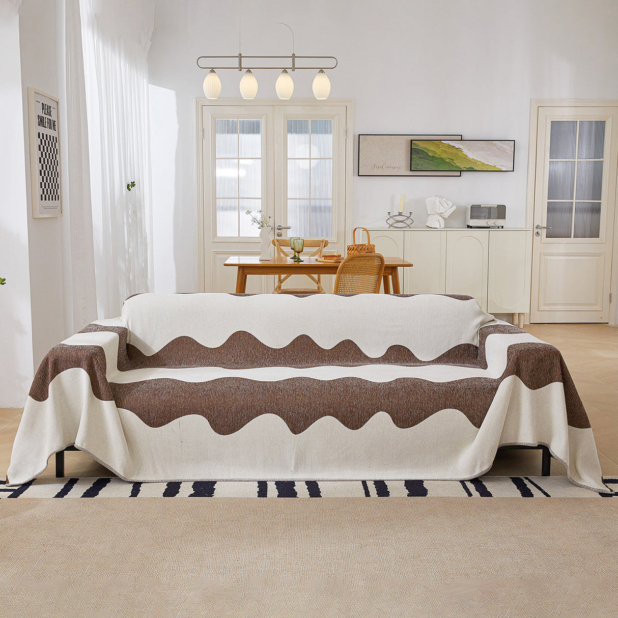 Chenille Minimalist Wavy Sofa Throw Cover, Cozy Blankets for Couch, Machine Washable Couch Protector