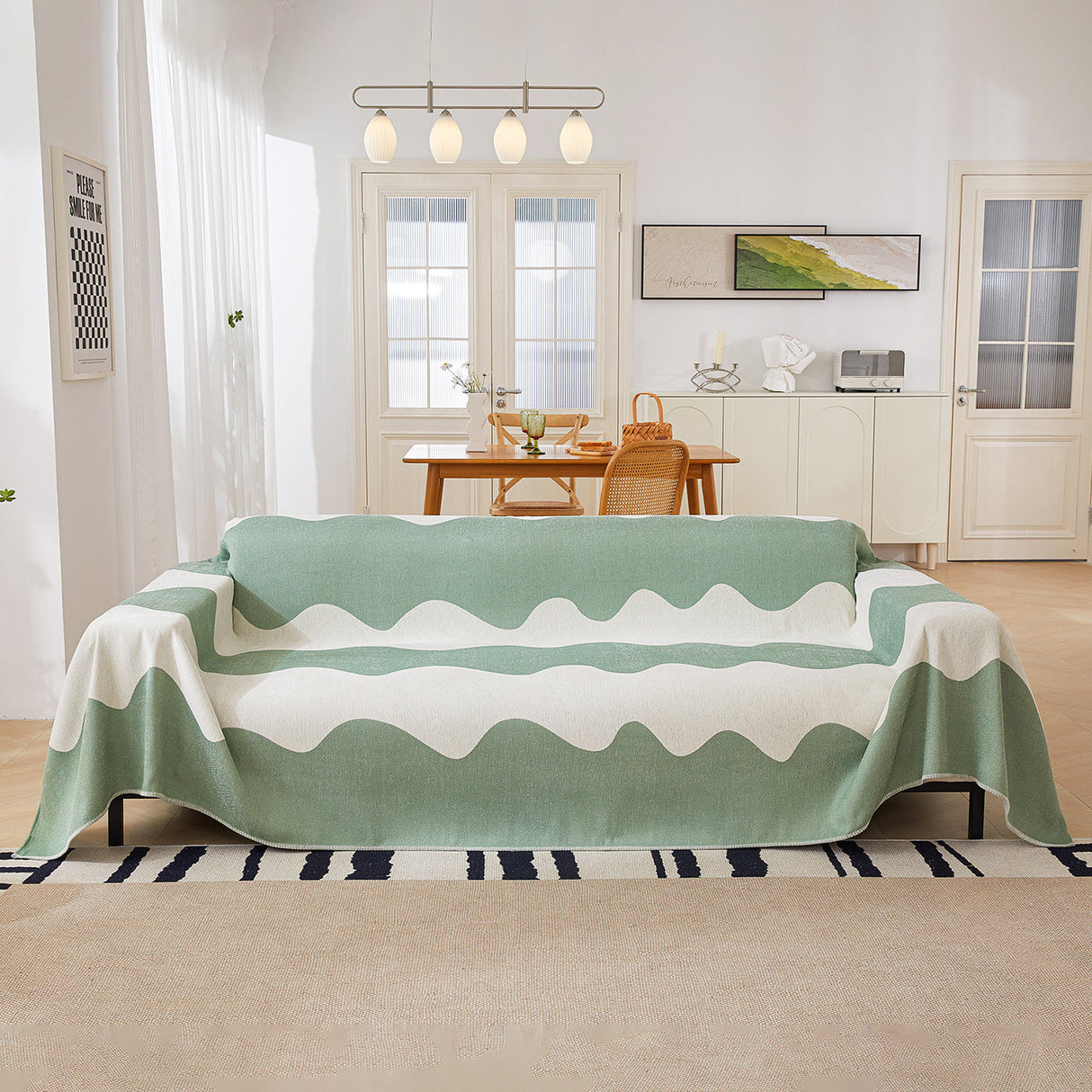 Chenille Minimalist Wavy Sofa Throw Cover, Cozy Blankets for Couch, Machine Washable Couch Protector