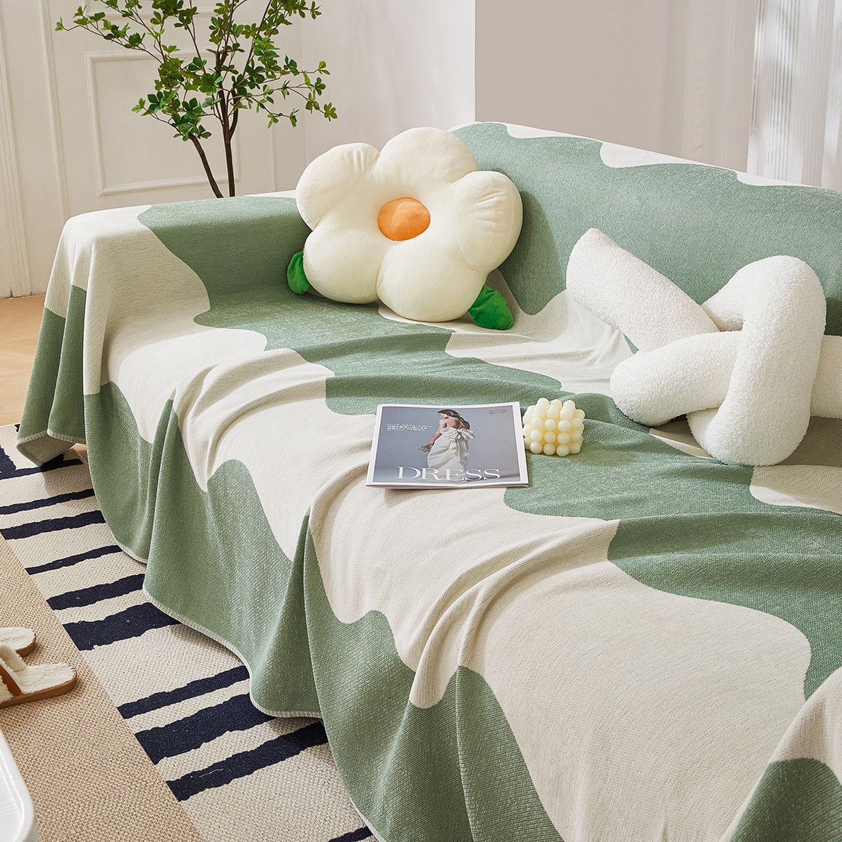 Chenille Minimalist Wavy Sofa Throw Cover, Cozy Blankets for Couch, Machine Washable Couch Protector