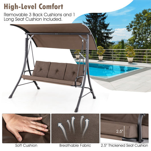 3-Seat Outdoor Porch Swing with Adjustable Canopy and Padded Cushions-Brown