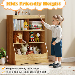3-Tier Children's Multi-Functional Bookcase Toy Storage Bin Floor Cabinet-Natural