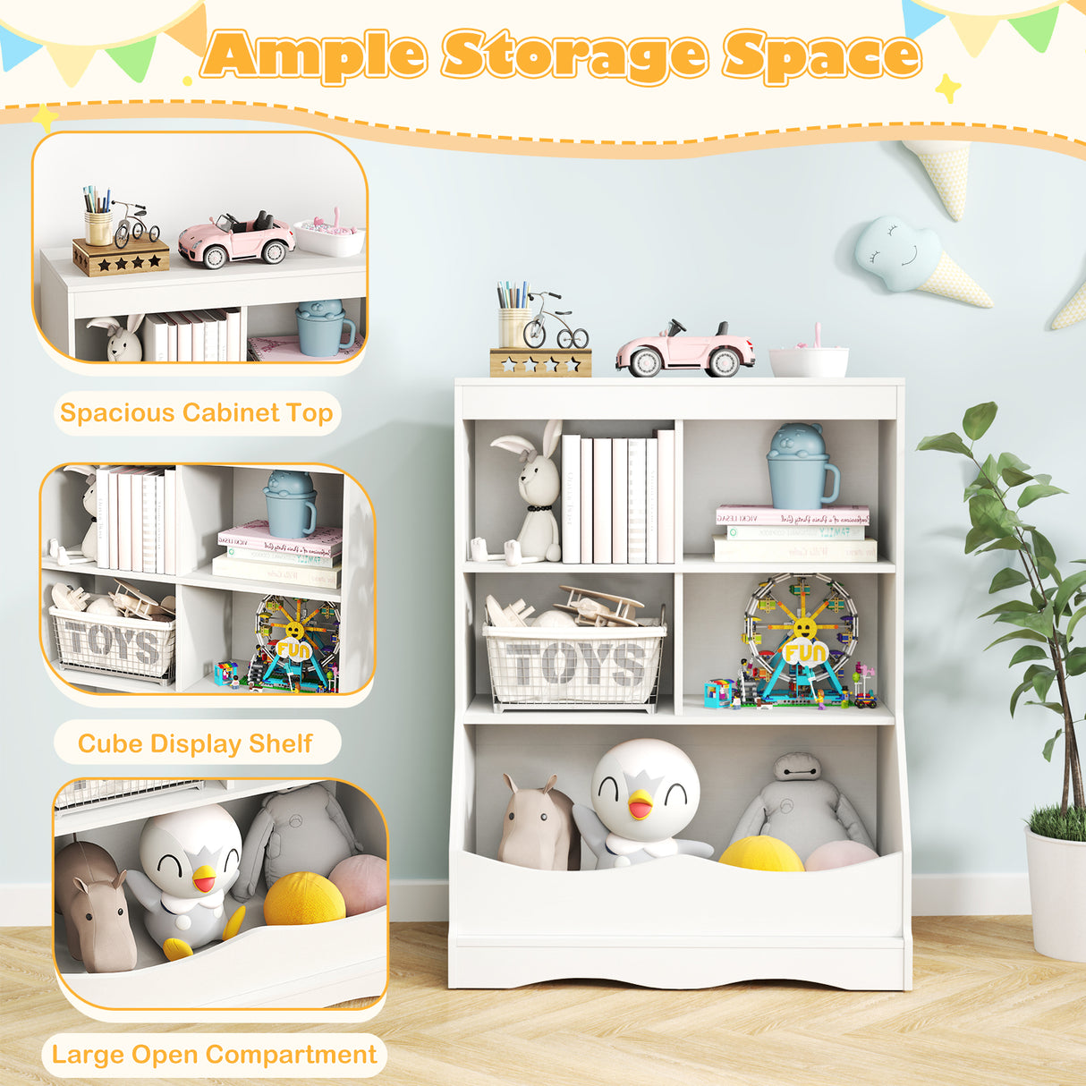 3-Tier Children's Multi-Functional Bookcase Toy Storage Bin Floor Cabinet-Gray