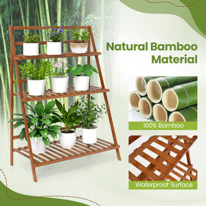 3-Tier Bamboo Ladder Shelf Foldable Plant Flower Bookshelf-Brown