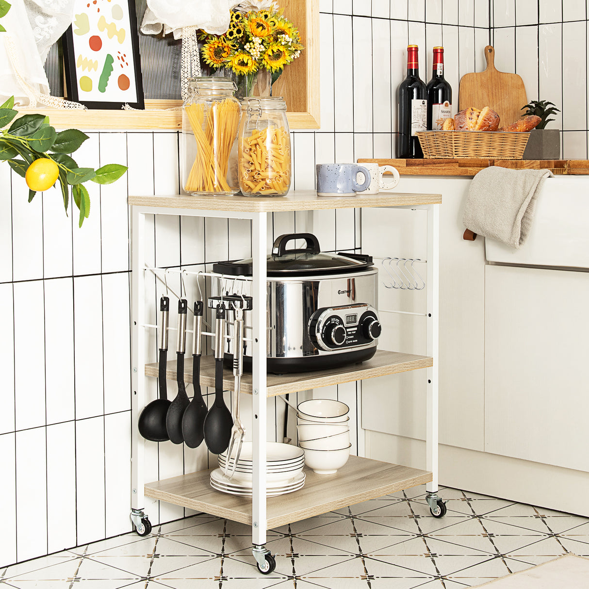 3-Tier Kitchen Baker's Rack Microwave Oven Storage Cart with Hooks-Rustic Brown