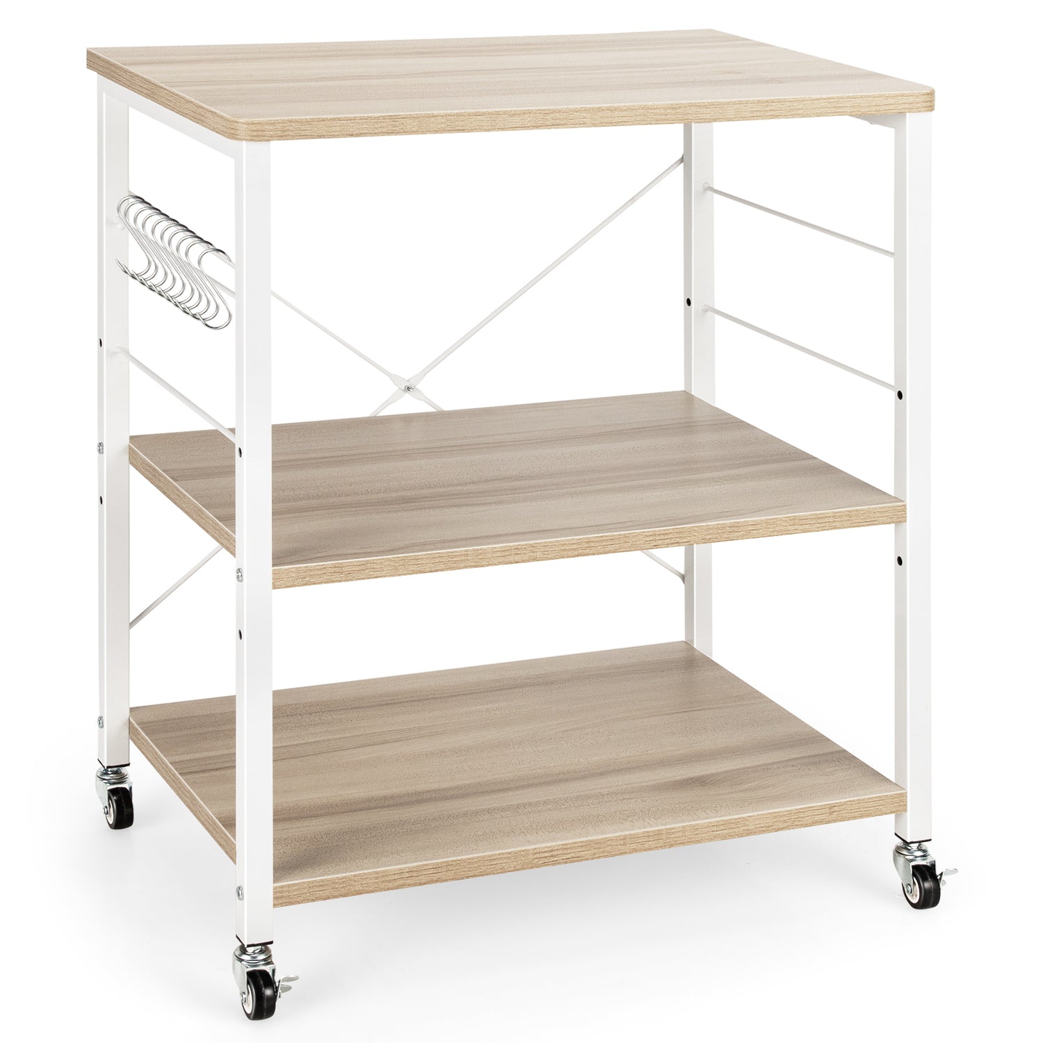 3-Tier Kitchen Baker's Rack Microwave Oven Storage Cart with Hooks-Light Brown