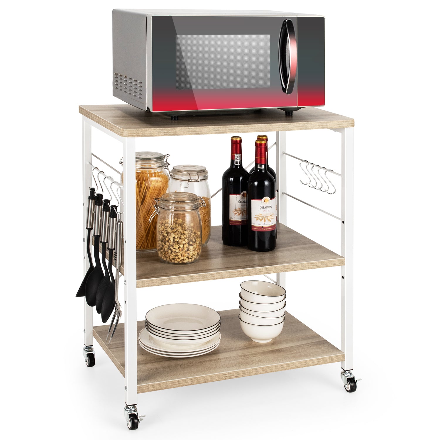 3-Tier Kitchen Baker's Rack Microwave Oven Storage Cart with Hooks-Rustic Brown