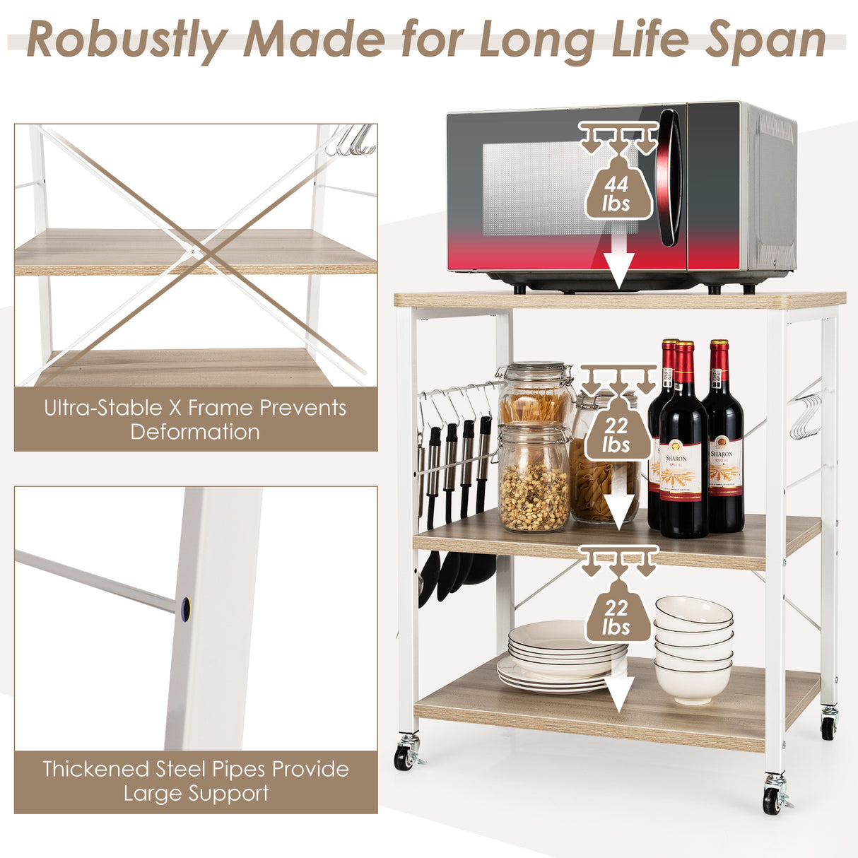 3-Tier Kitchen Baker's Rack Microwave Oven Storage Cart with Hooks-Rustic Brown