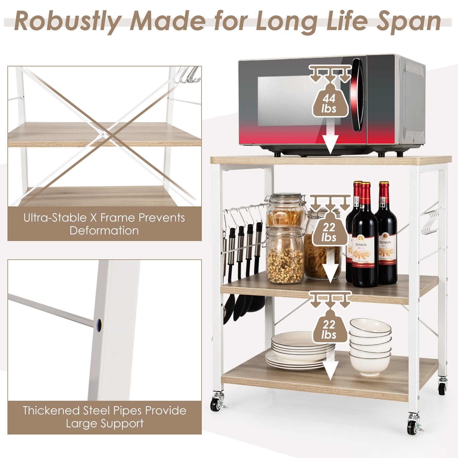 3-Tier Kitchen Baker's Rack Microwave Oven Storage Cart with Hooks-Rustic Brown