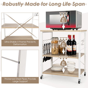 3-Tier Kitchen Baker's Rack Microwave Oven Storage Cart with Hooks-Rustic Brown