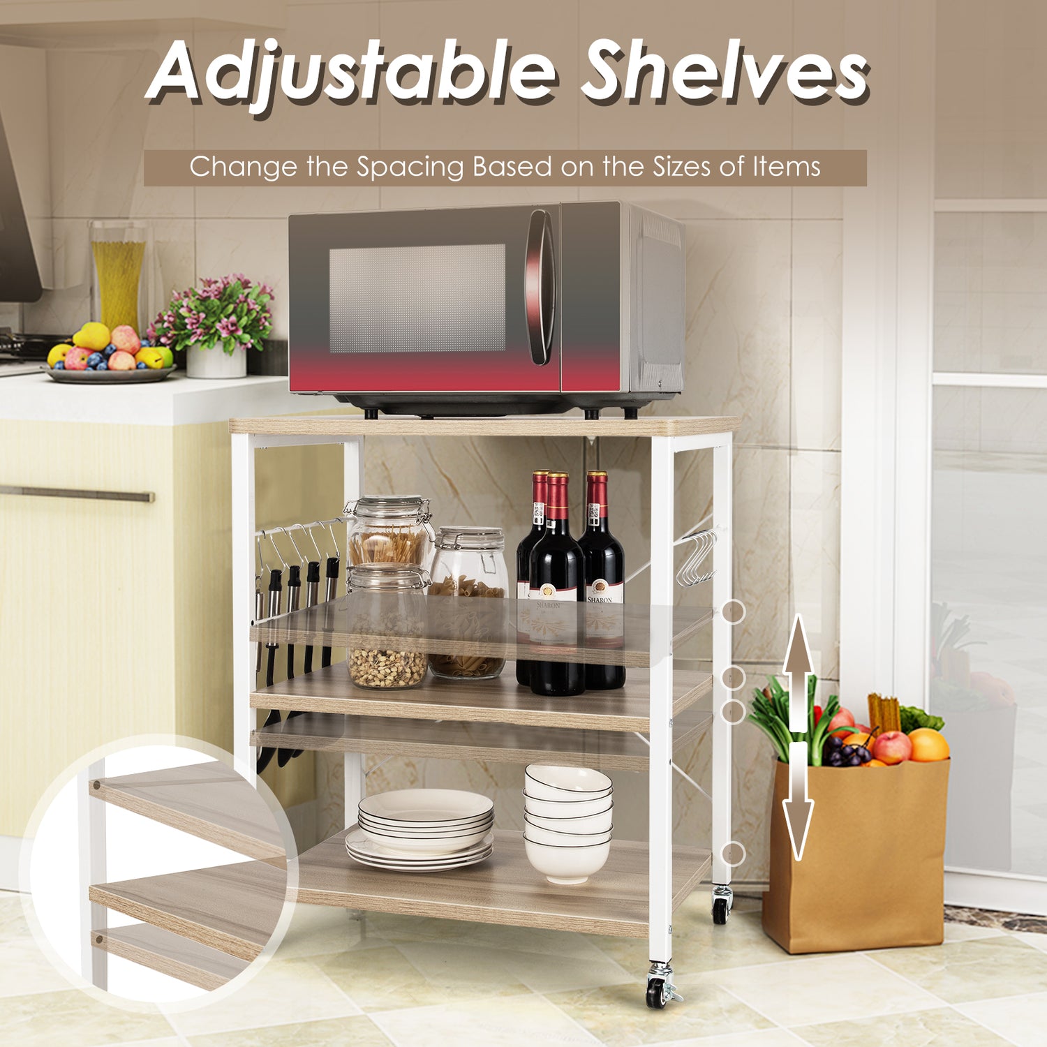 3-Tier Kitchen Baker's Rack Microwave Oven Storage Cart with Hooks-Rustic Brown