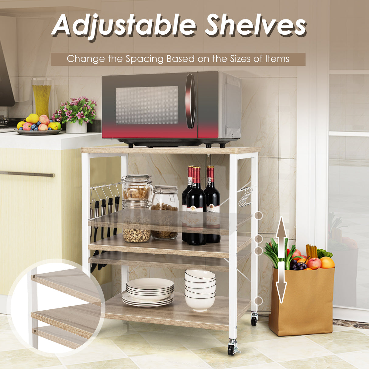 3-Tier Kitchen Baker's Rack Microwave Oven Storage Cart with Hooks-Light Brown