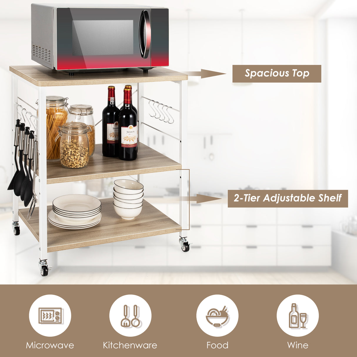 3-Tier Kitchen Baker's Rack Microwave Oven Storage Cart with Hooks-Rustic Brown