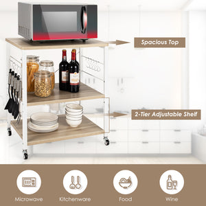 3-Tier Kitchen Baker's Rack Microwave Oven Storage Cart with Hooks-Light Brown
