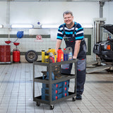 3-Tier Metal Utility Cart Trolley Tool with Flat Handle and 2 Lockable Universal Wheels-Black