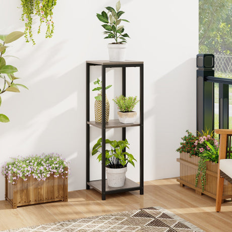 3-Tier Tall Metal Plant Stand Corner Plant Holder with Anti-tipping Device-Black & Gray