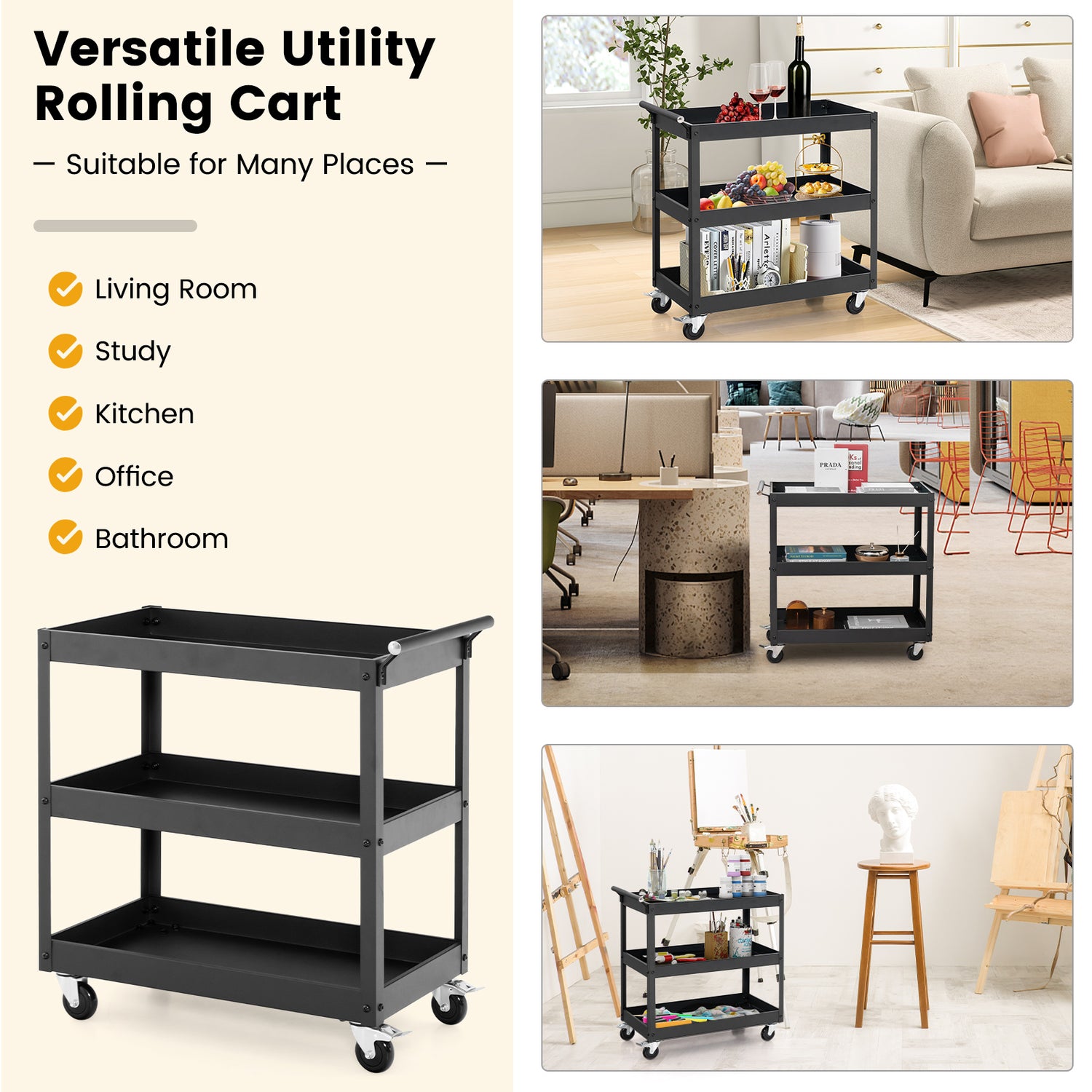 3-Tier Utility Cart Rolling Metal Cart with Handle and Universal Wheels-Black