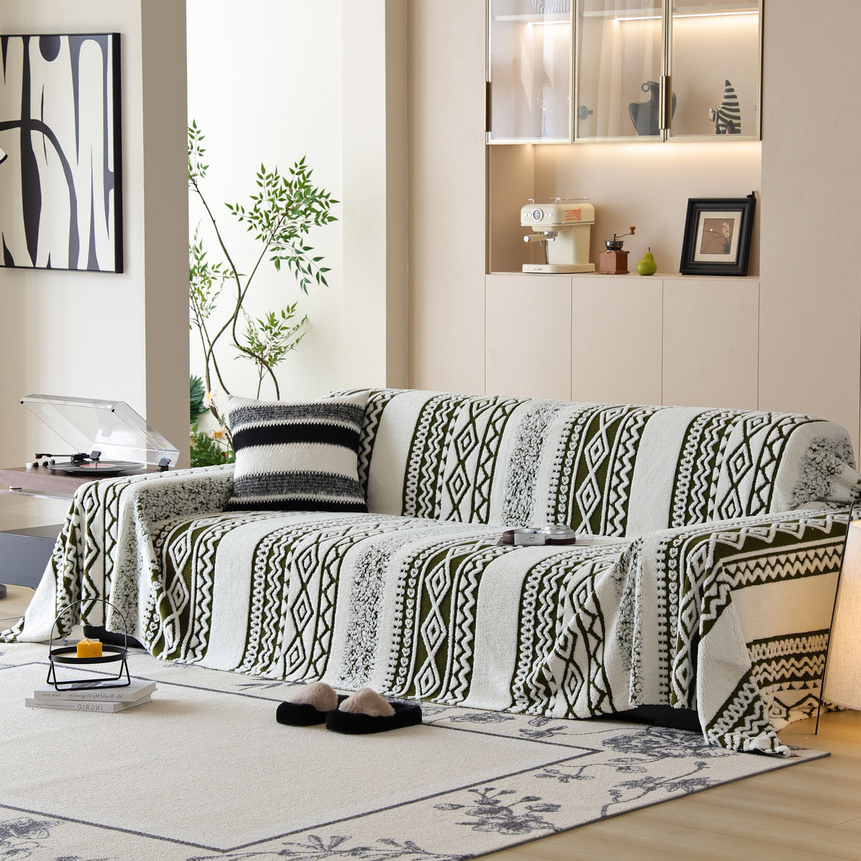 Bohemian Tufted Sofa Cover, Plush Flannel Throw Blanket with 3D Woven Aztec Stripes