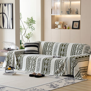 Bohemian Tufted Sofa Cover, Plush Flannel Throw Blanket with 3D Woven Aztec Stripes