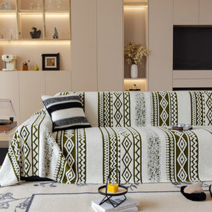 Bohemian Tufted Sofa Cover, Plush Flannel Throw Blanket with 3D Woven Aztec Stripes